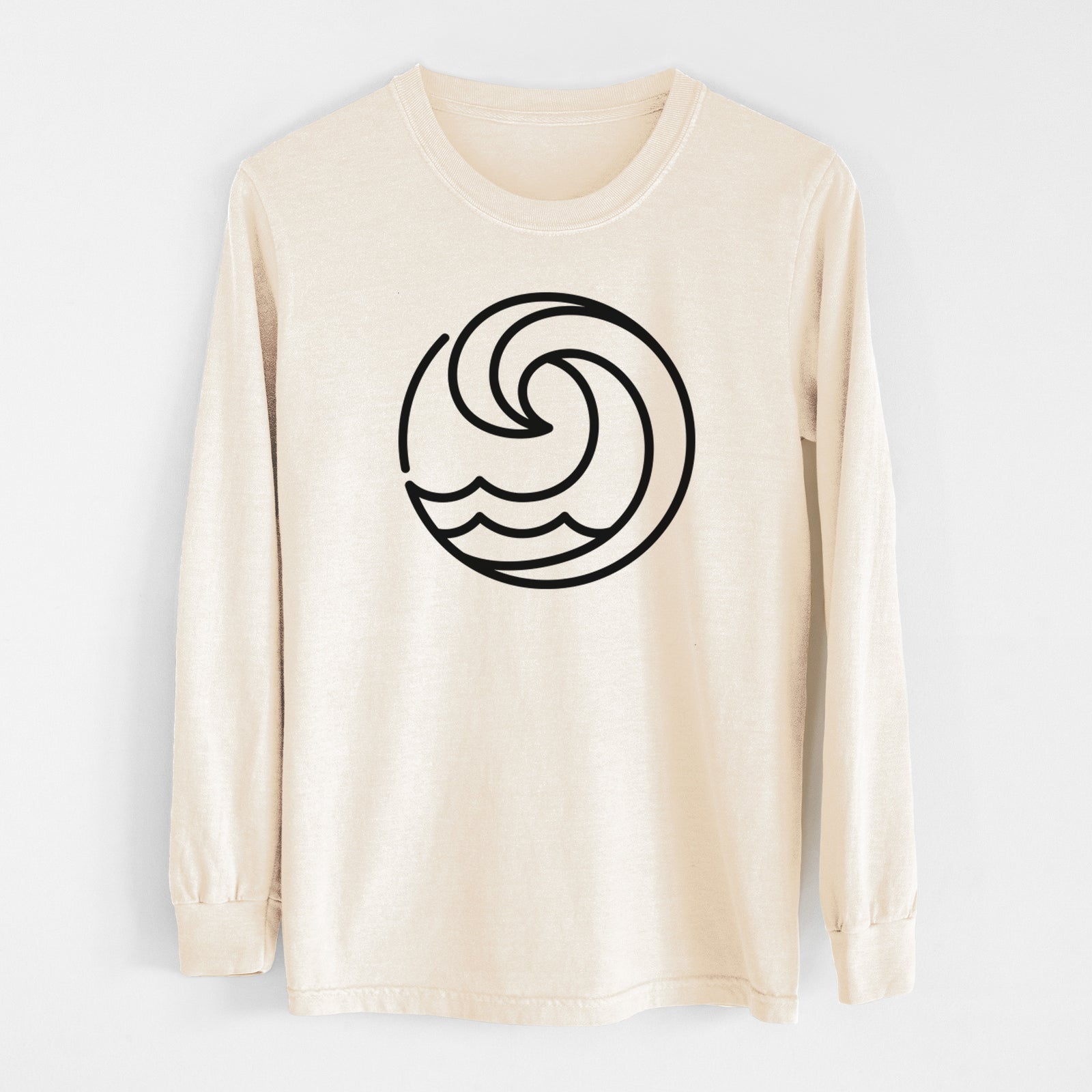 Ivory Comfort Colors long sleeve shirt laid flat, printed with a bold black line art circle of a curling ocean wave.
