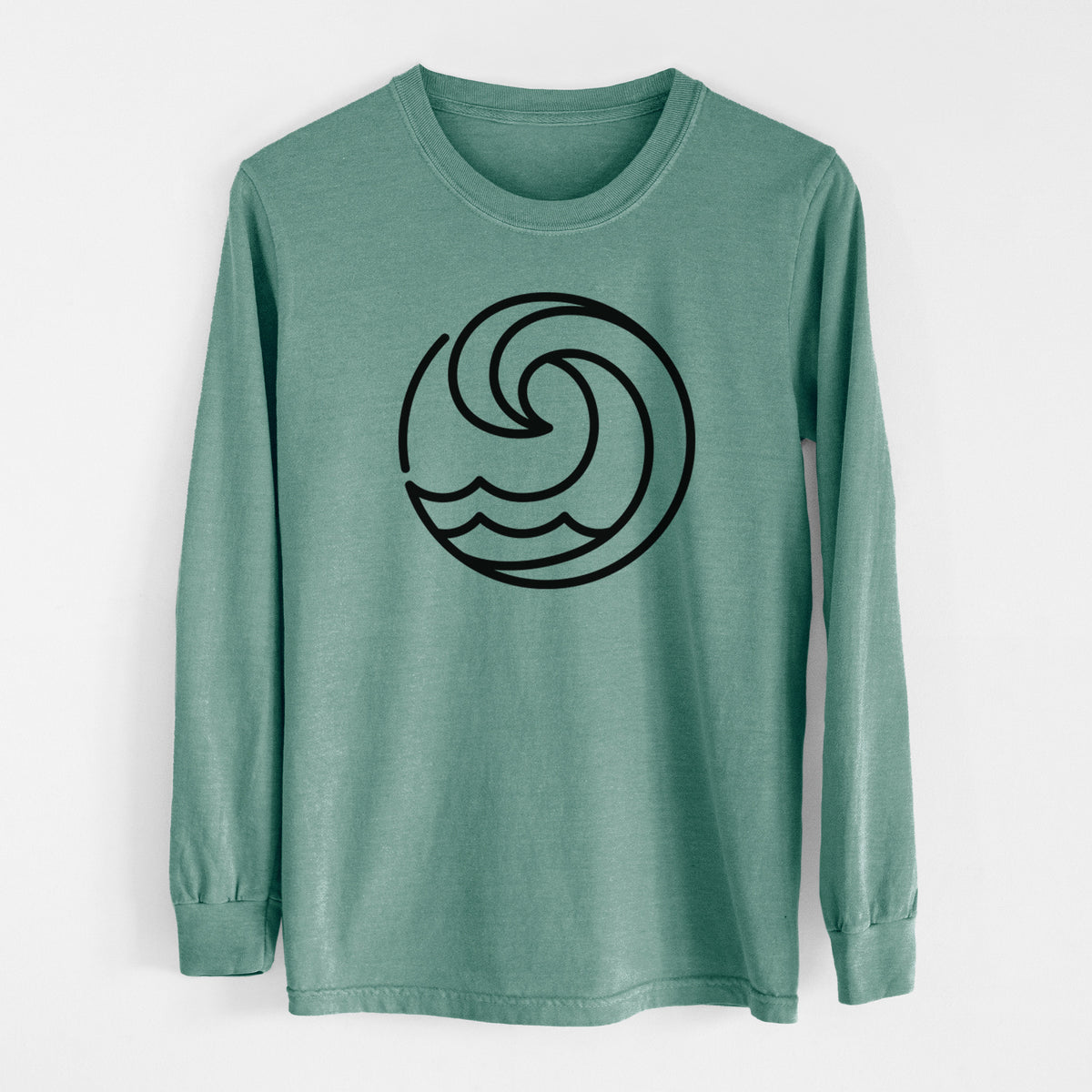 Pine green Comfort Colors long sleeve shirt laid flat, printed with a bold black line art circle of a curling ocean wave.