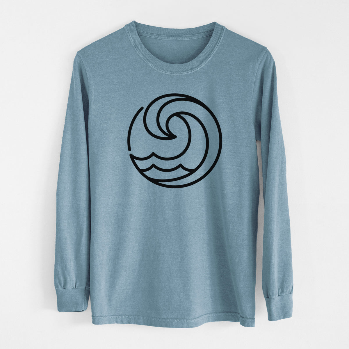 Steel blue Comfort Colors long sleeve shirt laid flat, printed with a bold black line art circle of a curling ocean wave.