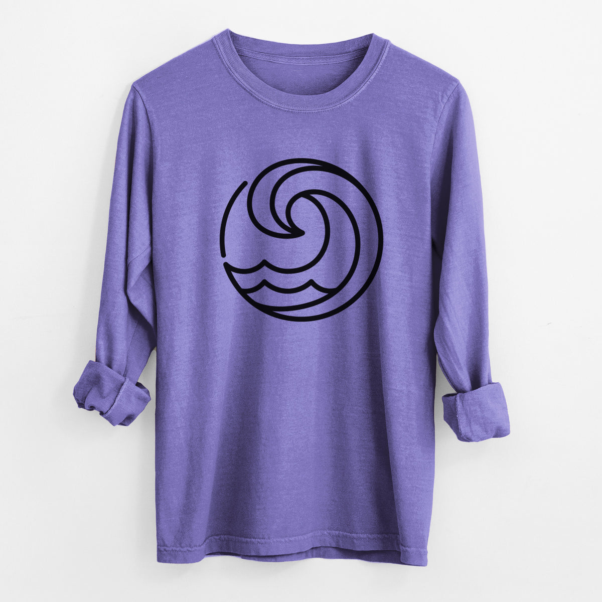 Violet purple Comfort Colors long sleeve shirt laid flat with the cuffs rolled, printed with a bold black line art circle of a curling ocean wave.