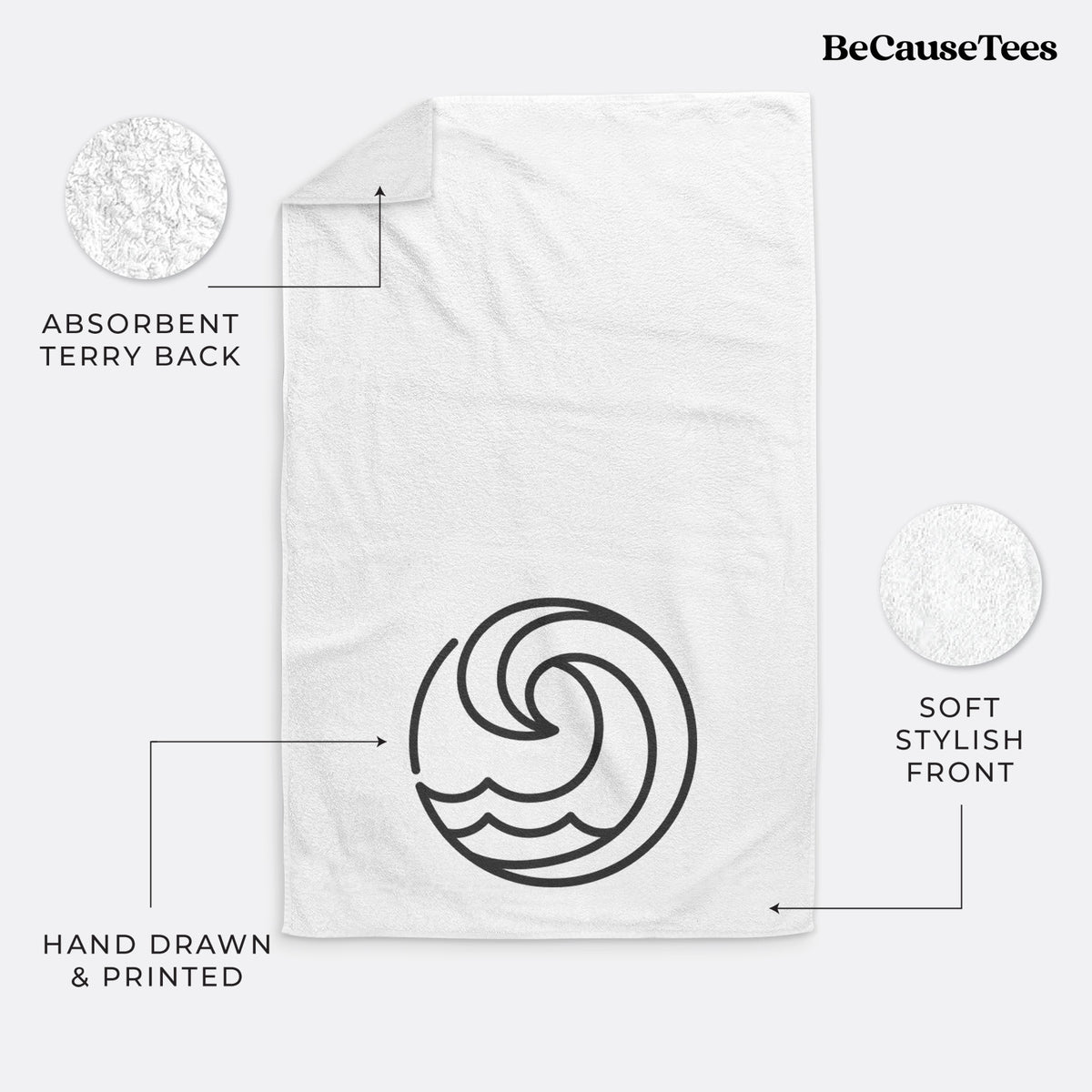 White hand towel printed with a bold black line art circle of a curling ocean wave.