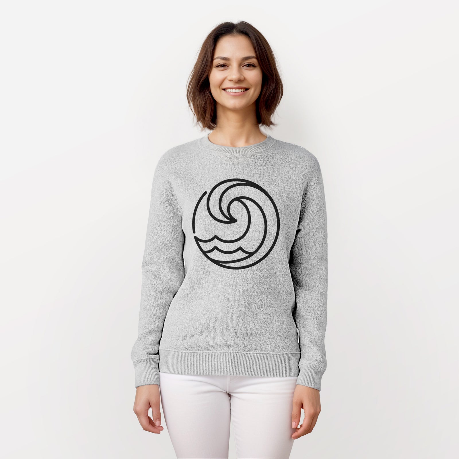 Salt and pepper knit sweatshirt laid flat, printed with a bold black line art circle of a curling ocean wave.