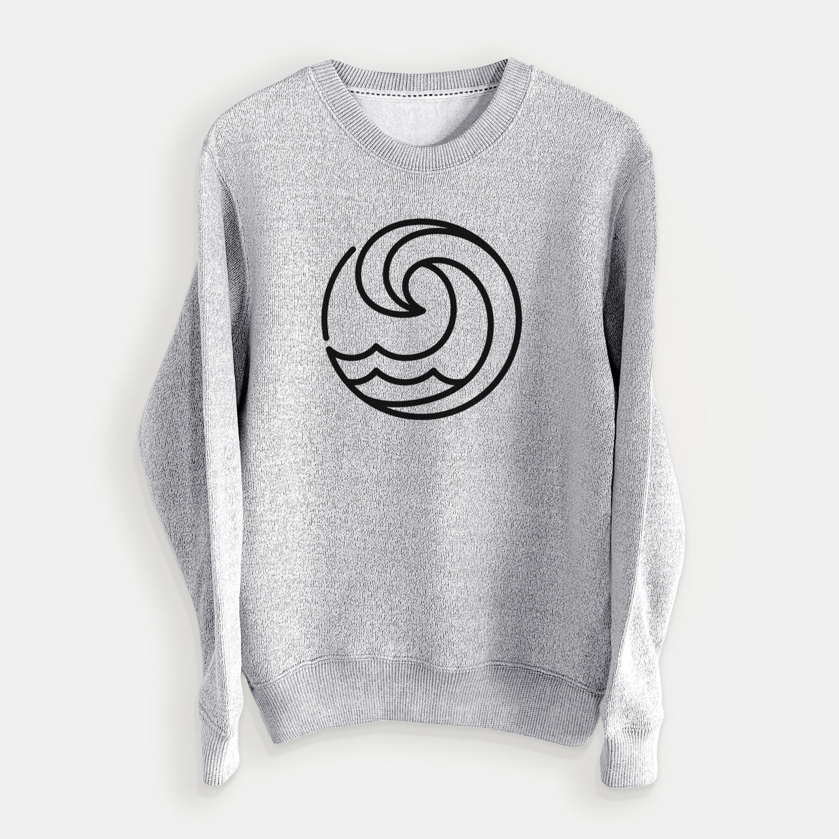 Salt and pepper knit sweatshirt laid flat, printed with a bold black line art circle of a curling ocean wave.