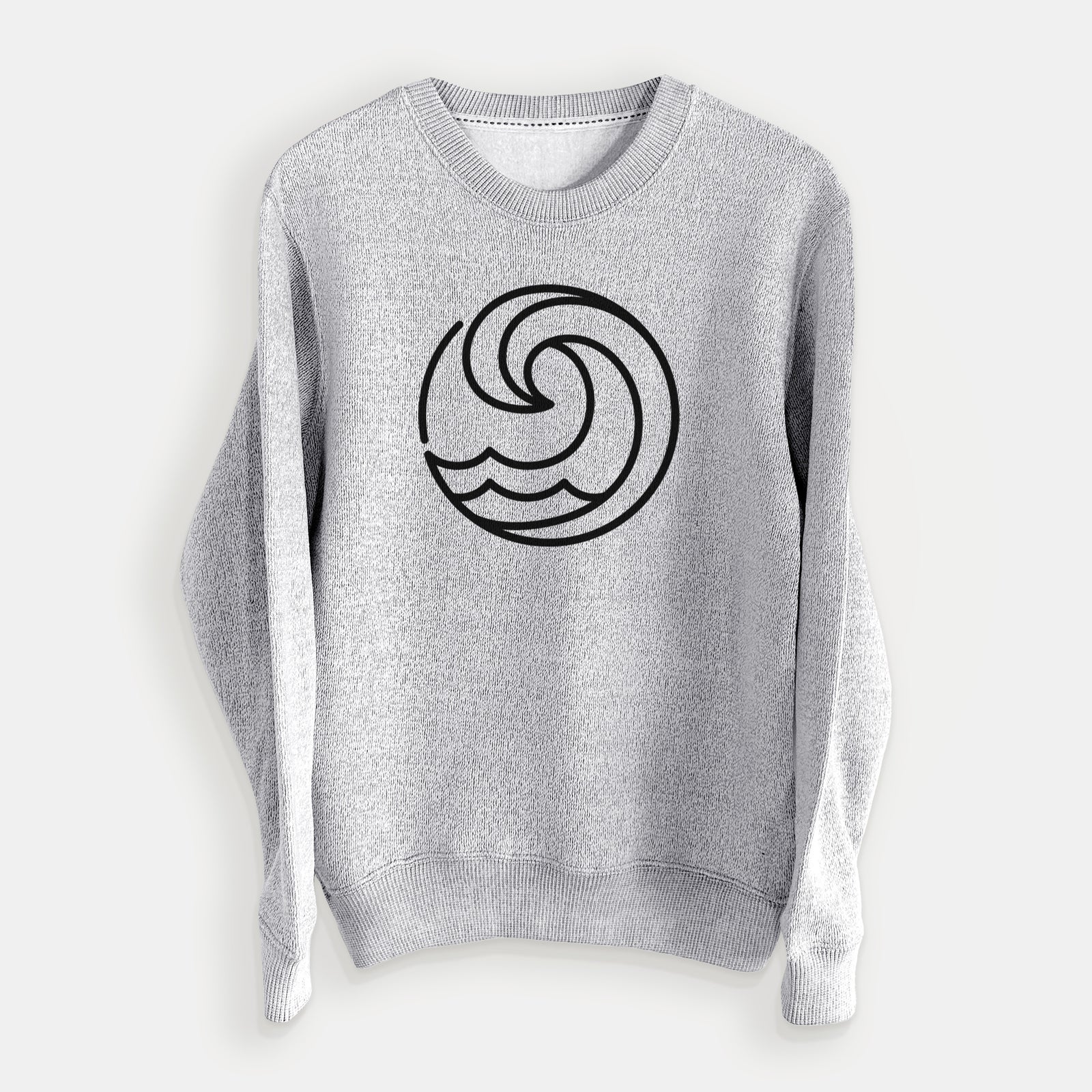 Salt and pepper knit sweatshirt laid flat, printed with a bold black line art circle of a curling ocean wave.