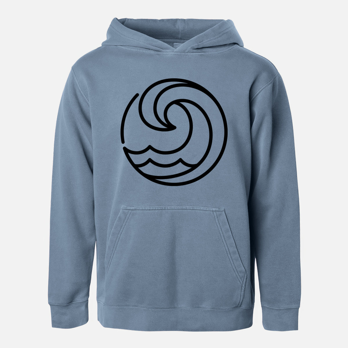 Slate blue youth pigment dyed hoodie laid flat, printed with a bold black line art circle of a curling ocean wave.