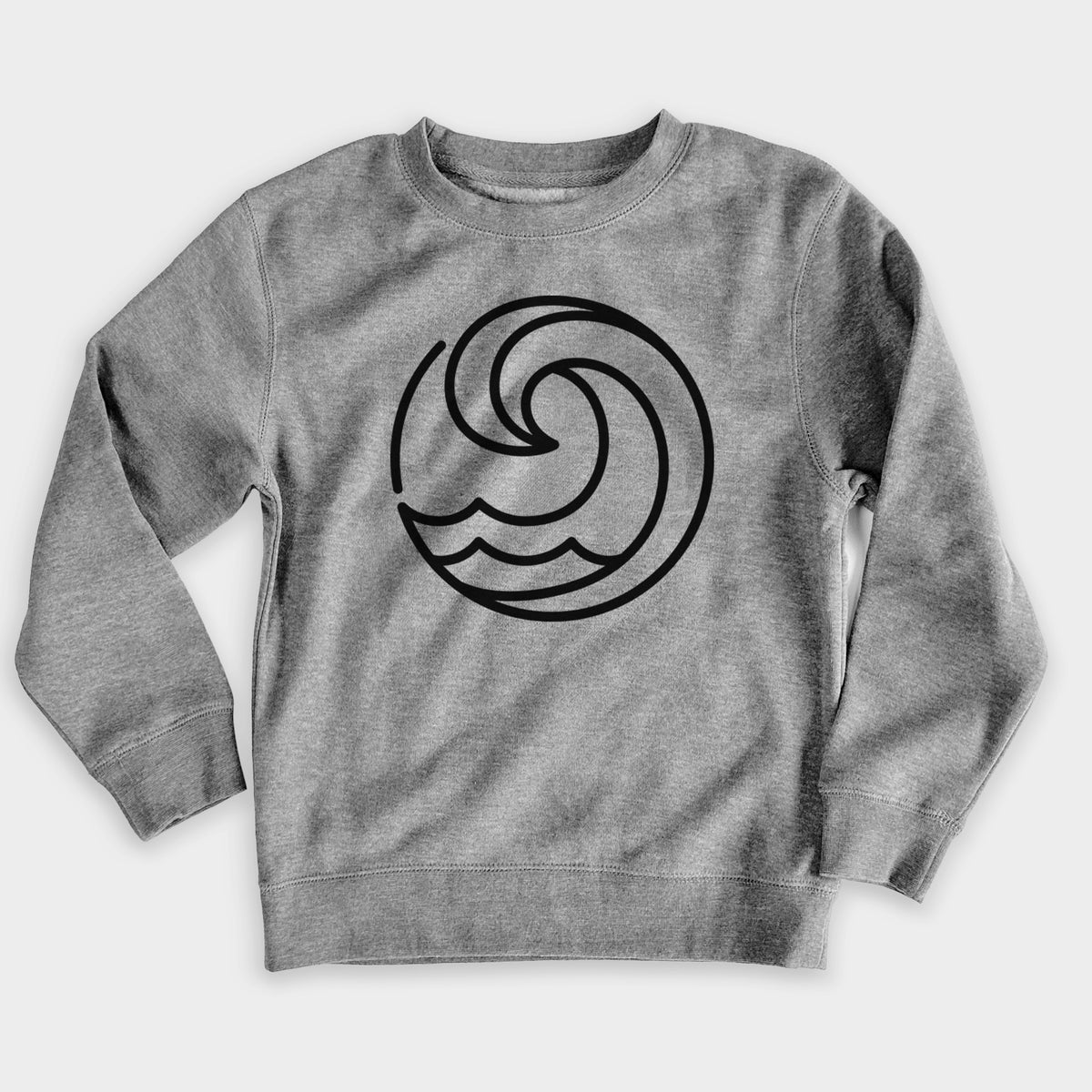 Nickel grey youth crewneck sweatshirt laid flat, printed with a bold black line art circle of a curling ocean wave.