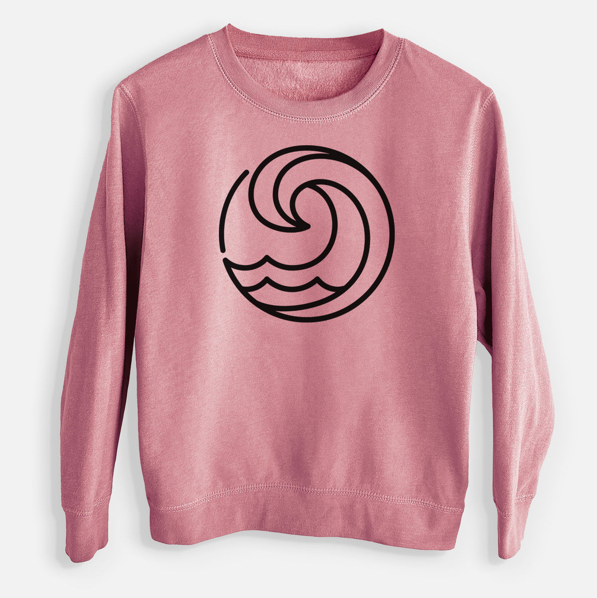 Mauve pink youth crewneck sweatshirt laid flat, printed with a bold black line art circle of a curling ocean wave.