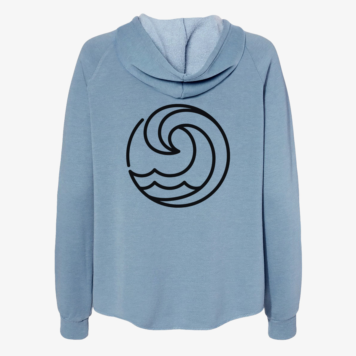 Misty blue women's Cali Wave zip-up sweatshirt laid flat, printed with a bold black line art circle of a curling ocean wave.