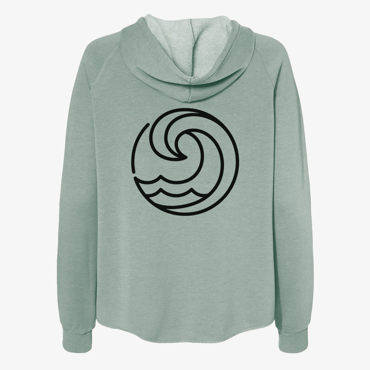 Sage green women's Cali Wave zip-up sweatshirt laid flat, printed with a bold black line art circle of a curling ocean wave.