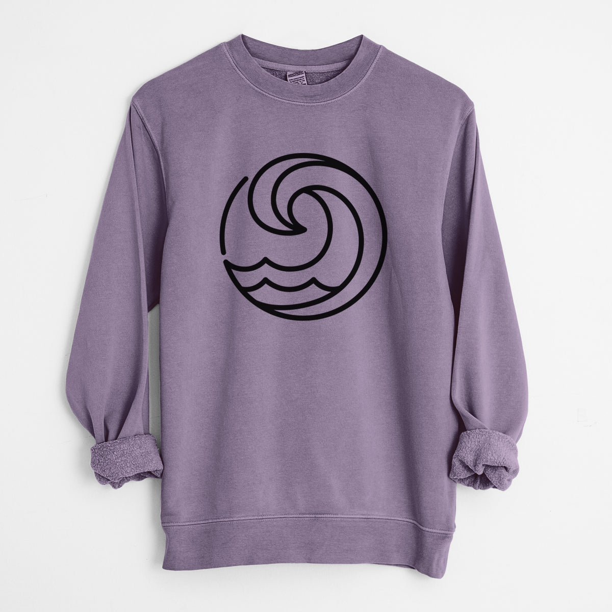 Plum purple pigment dyed crewneck sweatshirt laid flat with the sleeves rolled, printed with a bold black line art circle of a curling ocean wave.