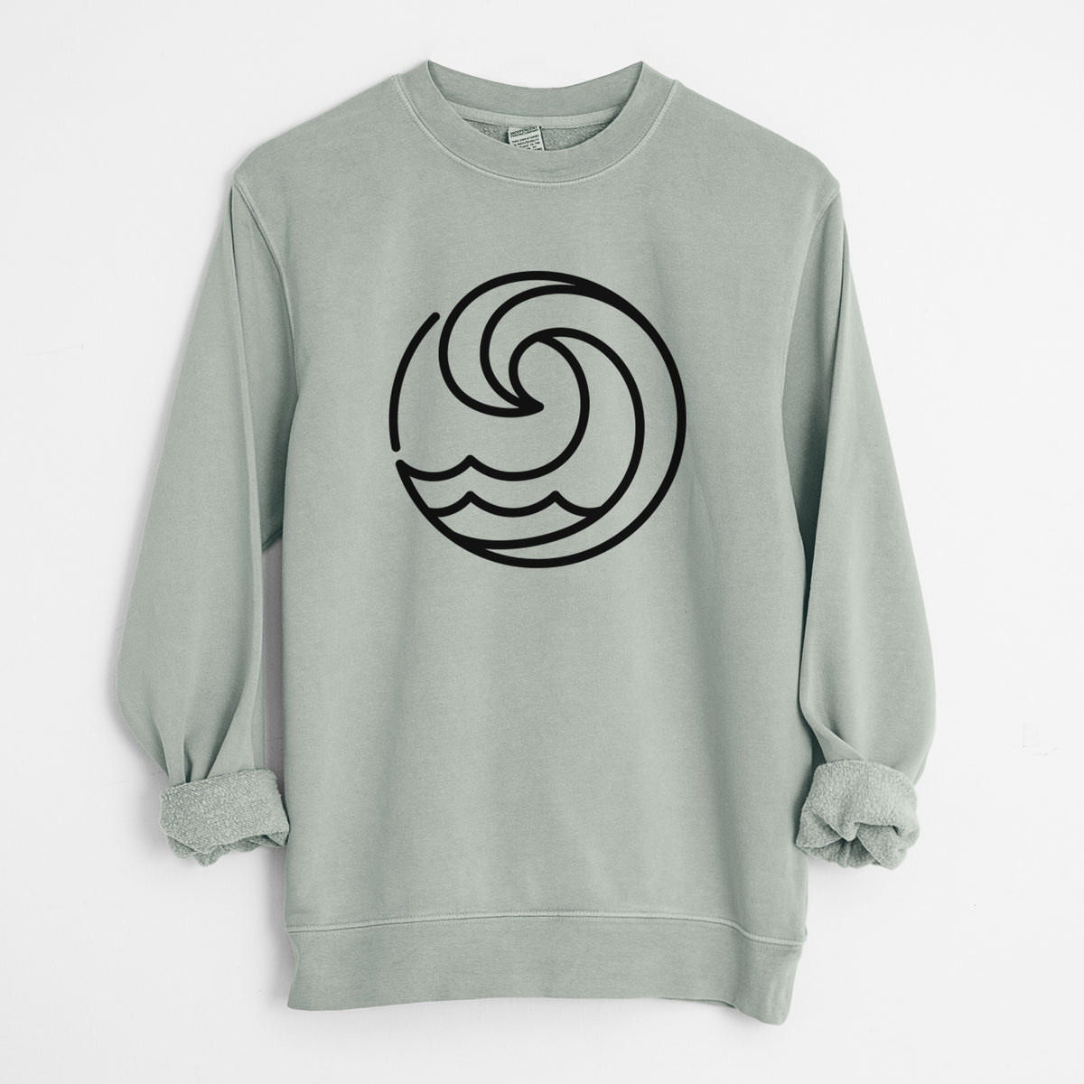 Sage green pigment dyed crewneck sweatshirt laid flat with the sleeves rolled, printed with a bold black line art circle of a curling ocean wave.
