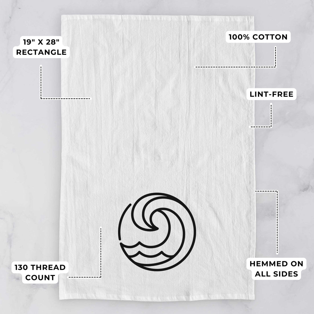 White tea towel printed with a bold black line art circle of a curling ocean wave, with feature labels: 19 by 28 inch rectangle, 100% cotton, lint-free, 130 thread count, hemmed on all sides.