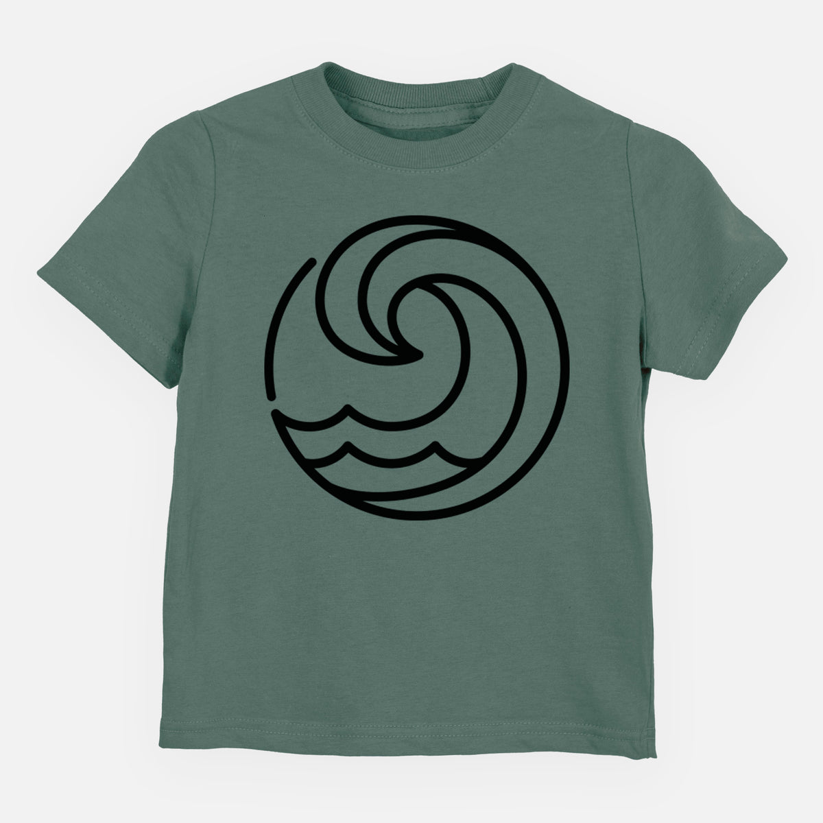 Basil green toddler t-shirt laid flat, printed with a bold black line art circle of a curling ocean wave.