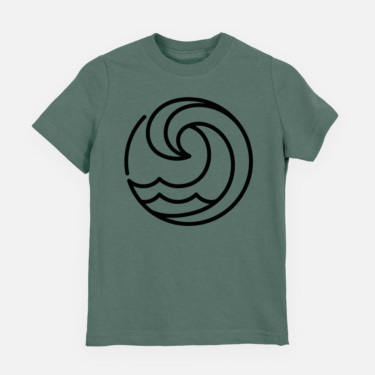 Basil green youth t-shirt laid flat, printed with a bold black line art circle of a curling ocean wave.