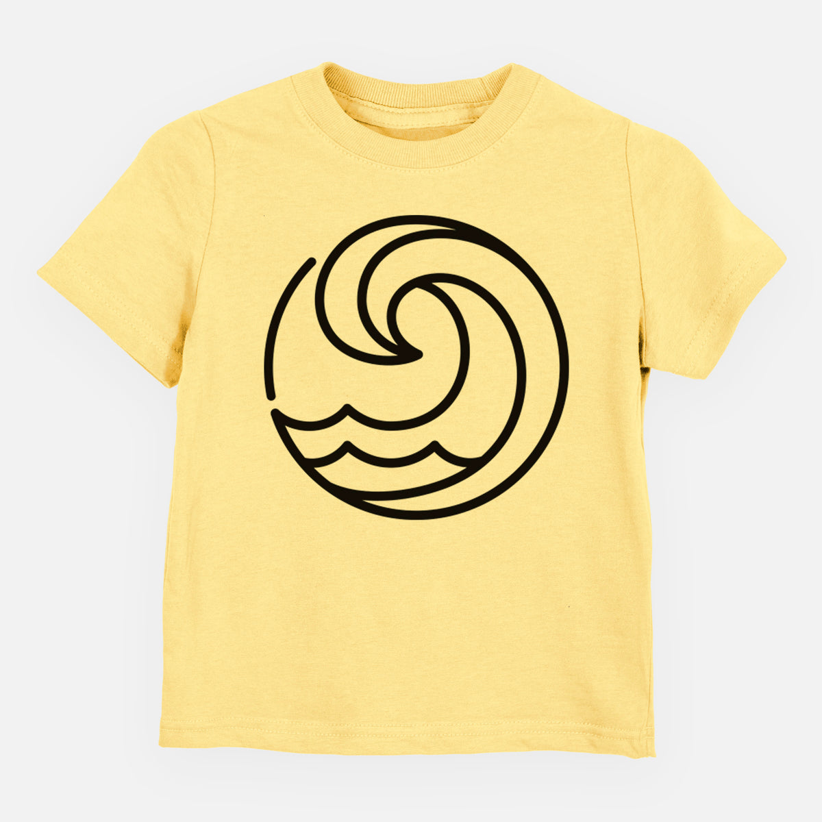 Butter yellow toddler t-shirt laid flat, printed with a bold black line art circle of a curling ocean wave.