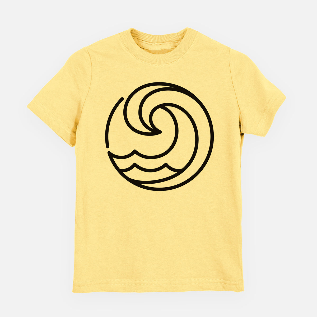 Butter yellow youth t-shirt laid flat, printed with a bold black line art circle of a curling ocean wave.