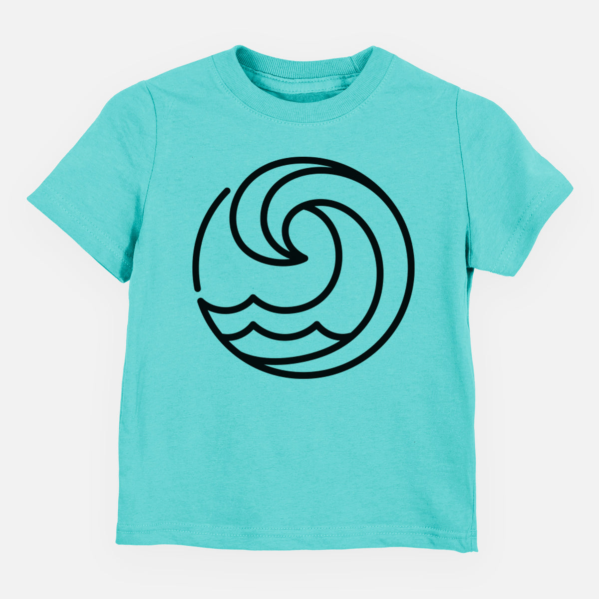 Caribbean blue toddler t-shirt laid flat, printed with a bold black line art circle of a curling ocean wave.