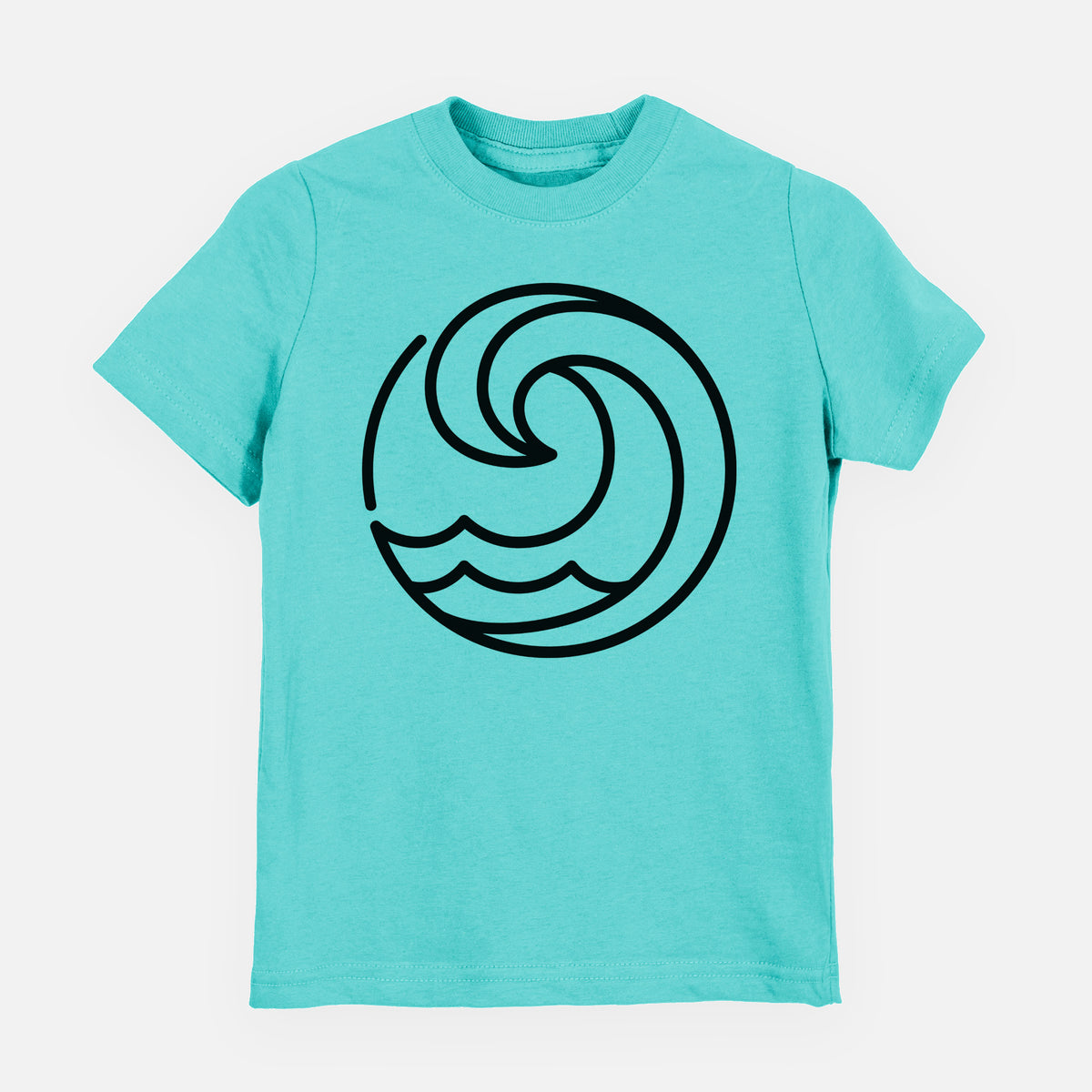 Caribbean blue youth t-shirt laid flat, printed with a bold black line art circle of a curling ocean wave.