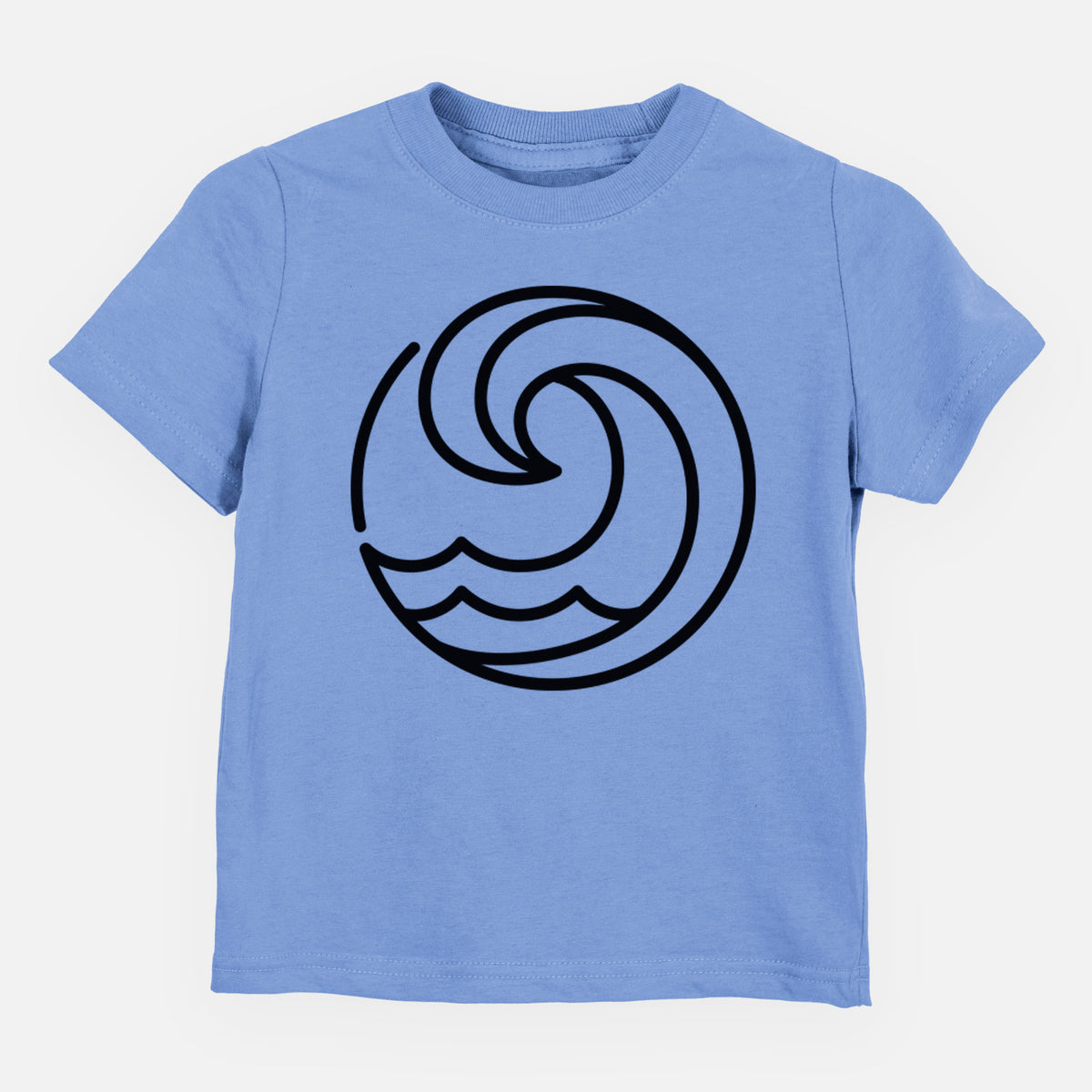 Carolina blue toddler t-shirt laid flat, printed with a bold black line art circle of a curling ocean wave.