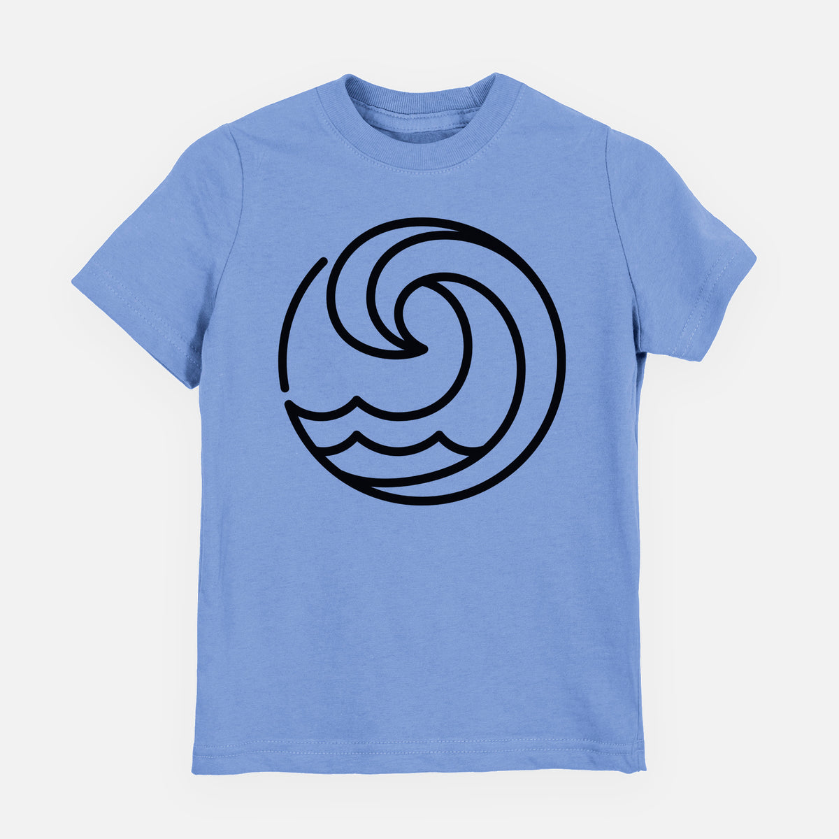 Carolina blue youth t-shirt laid flat, printed with a bold black line art circle of a curling ocean wave.