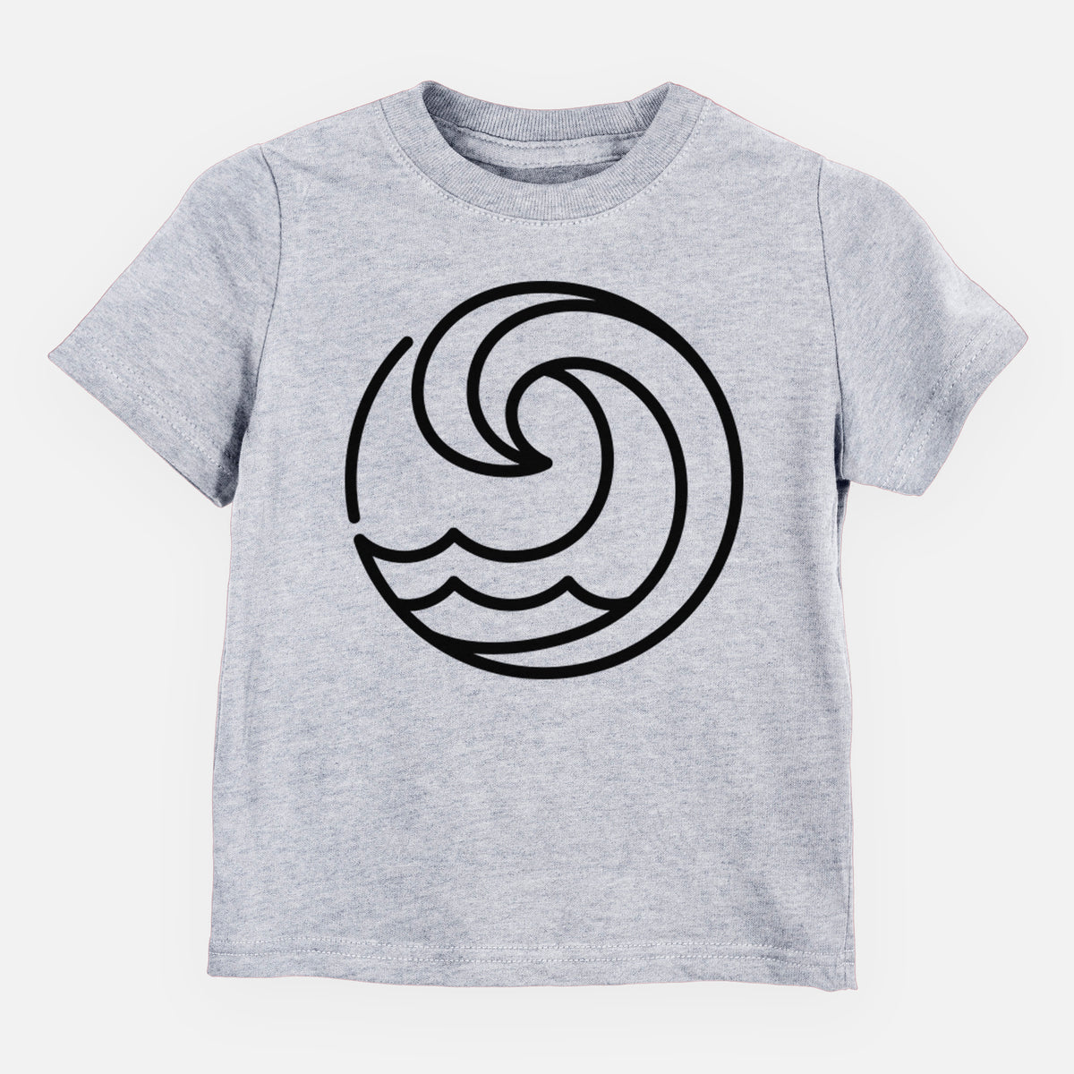 Heather grey toddler t-shirt laid flat, printed with a bold black line art circle of a curling ocean wave.