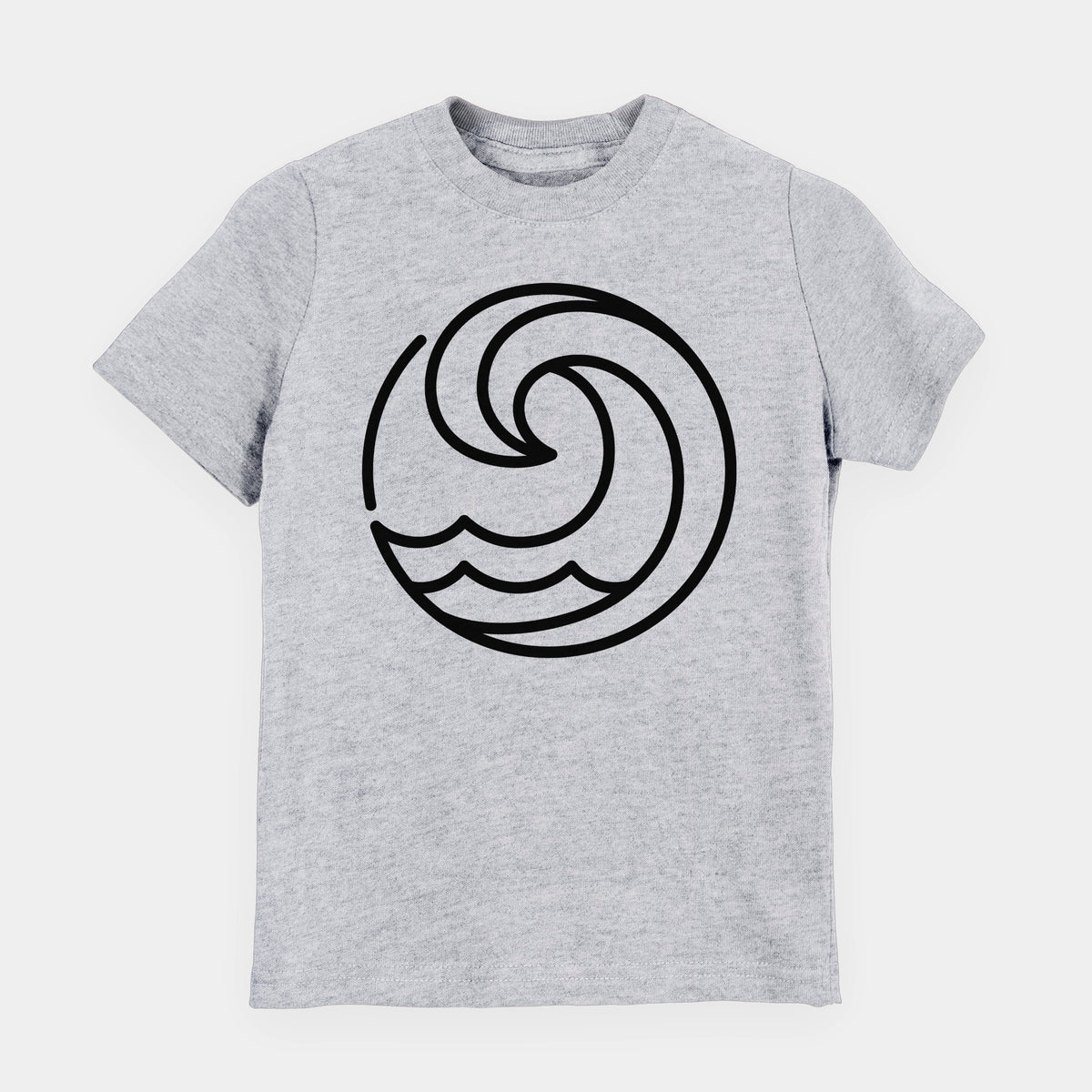 Heather grey youth t-shirt laid flat, printed with a bold black line art circle of a curling ocean wave.