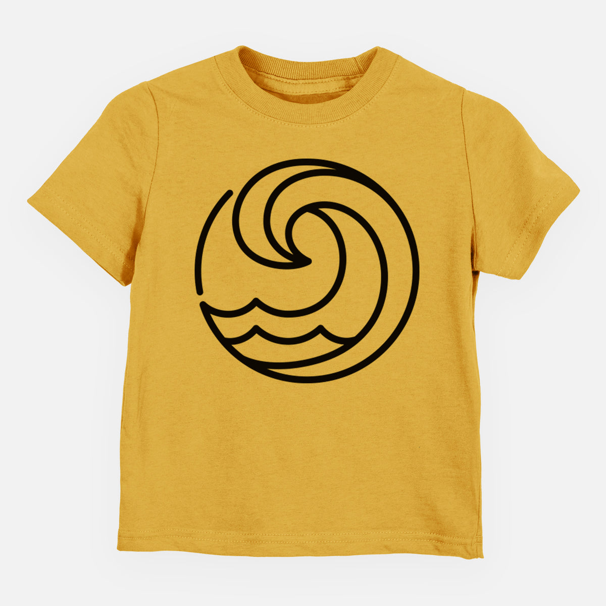 Honeycomb yellow toddler t-shirt laid flat, printed with a bold black line art circle of a curling ocean wave.