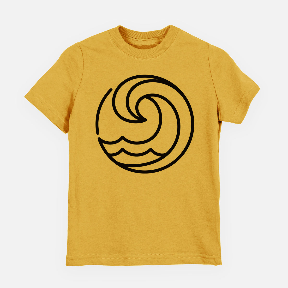 Honeycomb yellow youth t-shirt laid flat, printed with a bold black line art circle of a curling ocean wave.