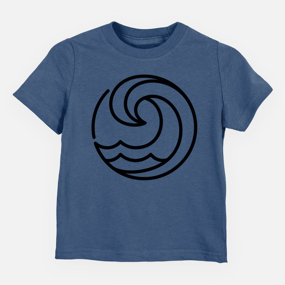 Indigo blue toddler t-shirt laid flat, printed with a bold black line art circle of a curling ocean wave.