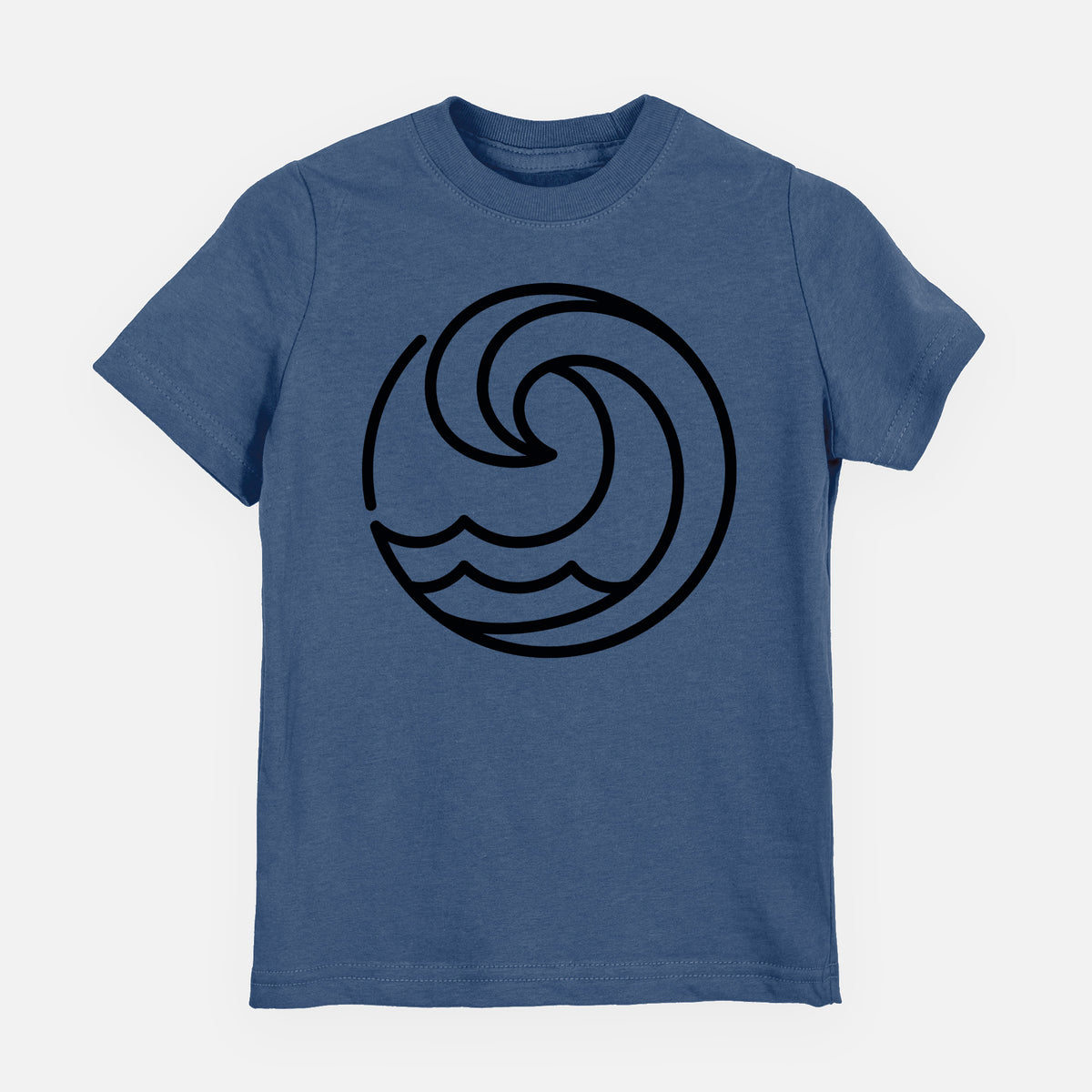 Indigo blue youth t-shirt laid flat, printed with a bold black line art circle of a curling ocean wave.