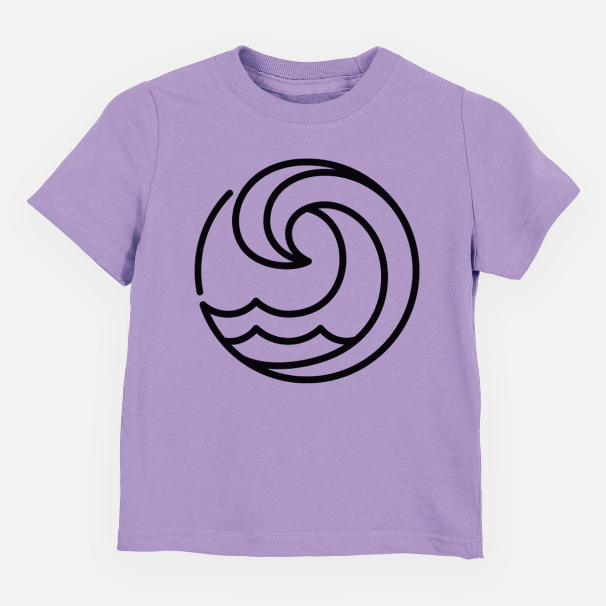 Lavender toddler t-shirt laid flat, printed with a bold black line art circle of a curling ocean wave.