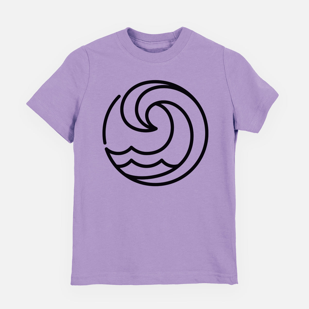 Lavender youth t-shirt laid flat, printed with a bold black line art circle of a curling ocean wave.