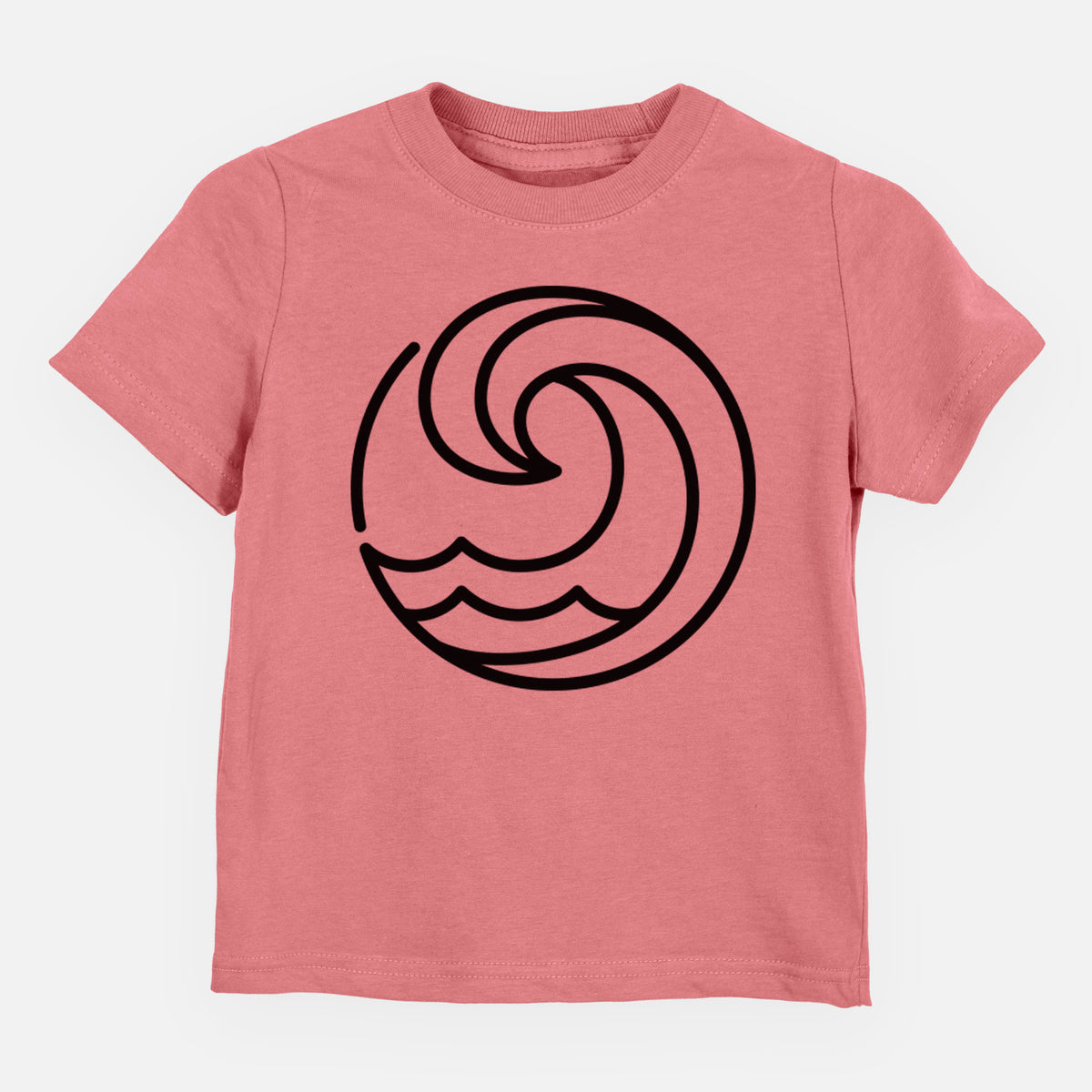 Mauve pink toddler t-shirt laid flat, printed with a bold black line art circle of a curling ocean wave.