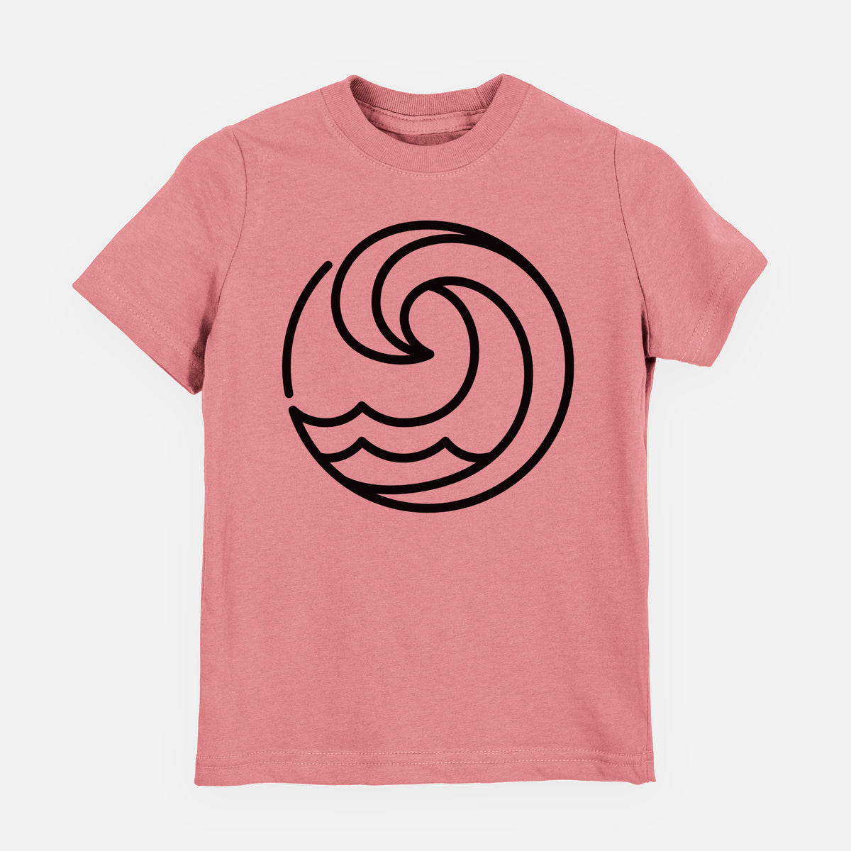 Mauve pink youth t-shirt laid flat, printed with a bold black line art circle of a curling ocean wave.