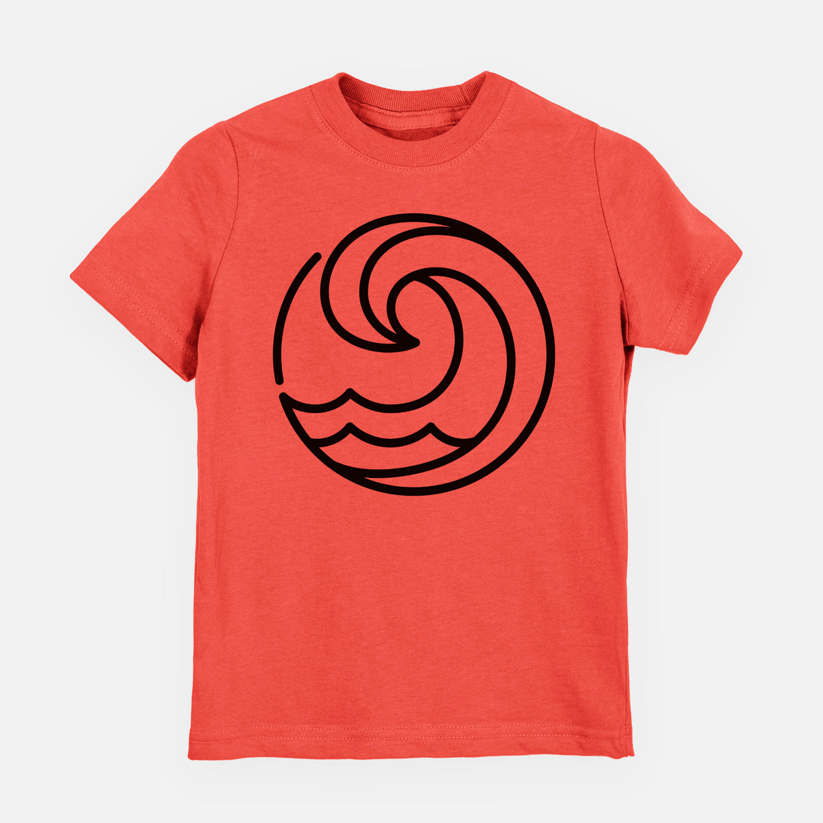 Passionfruit pink youth t-shirt laid flat, printed with a bold black line art circle of a curling ocean wave.