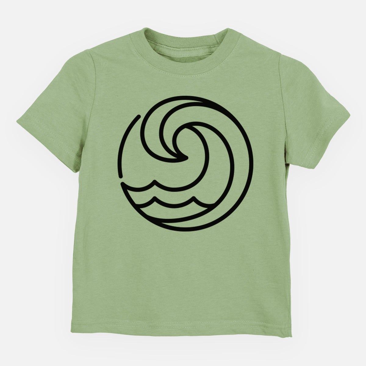 Sage green toddler t-shirt laid flat, printed with a bold black line art circle of a curling ocean wave.
