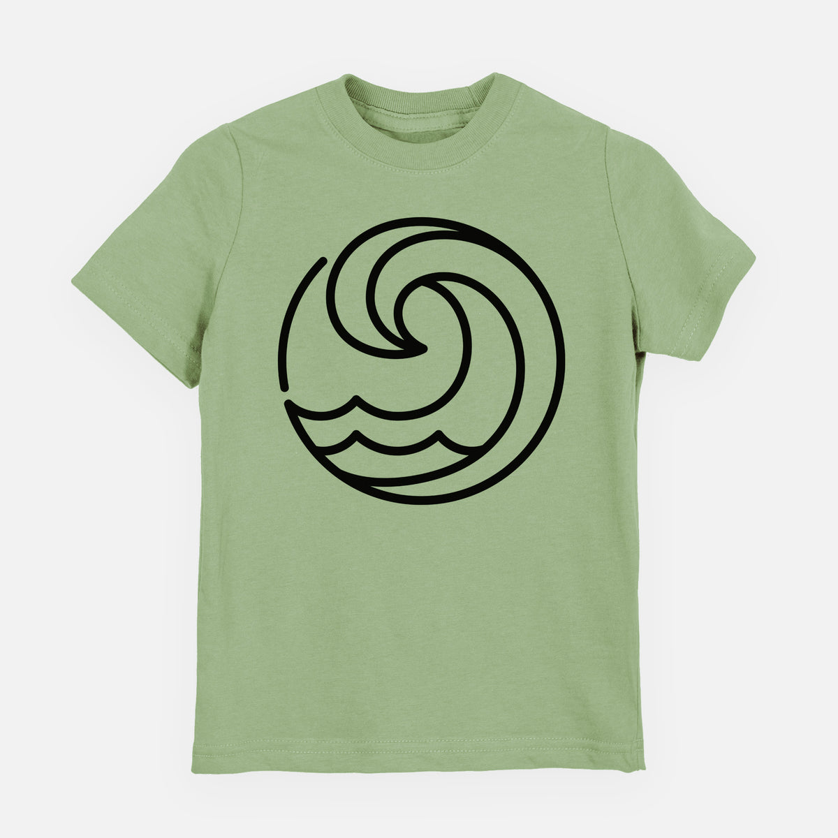 Sage green youth t-shirt laid flat, printed with a bold black line art circle of a curling ocean wave.