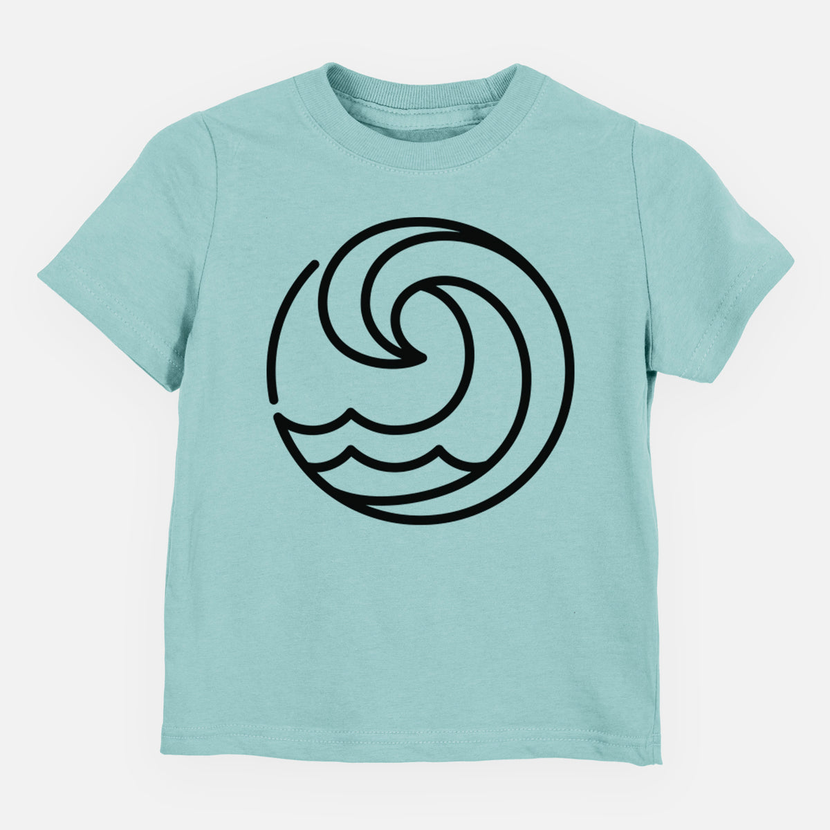 Saltwater toddler t-shirt laid flat, printed with a bold black line art circle of a curling ocean wave.
