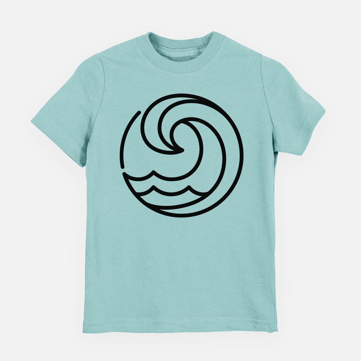 Saltwater youth t-shirt laid flat, printed with a bold black line art circle of a curling ocean wave.