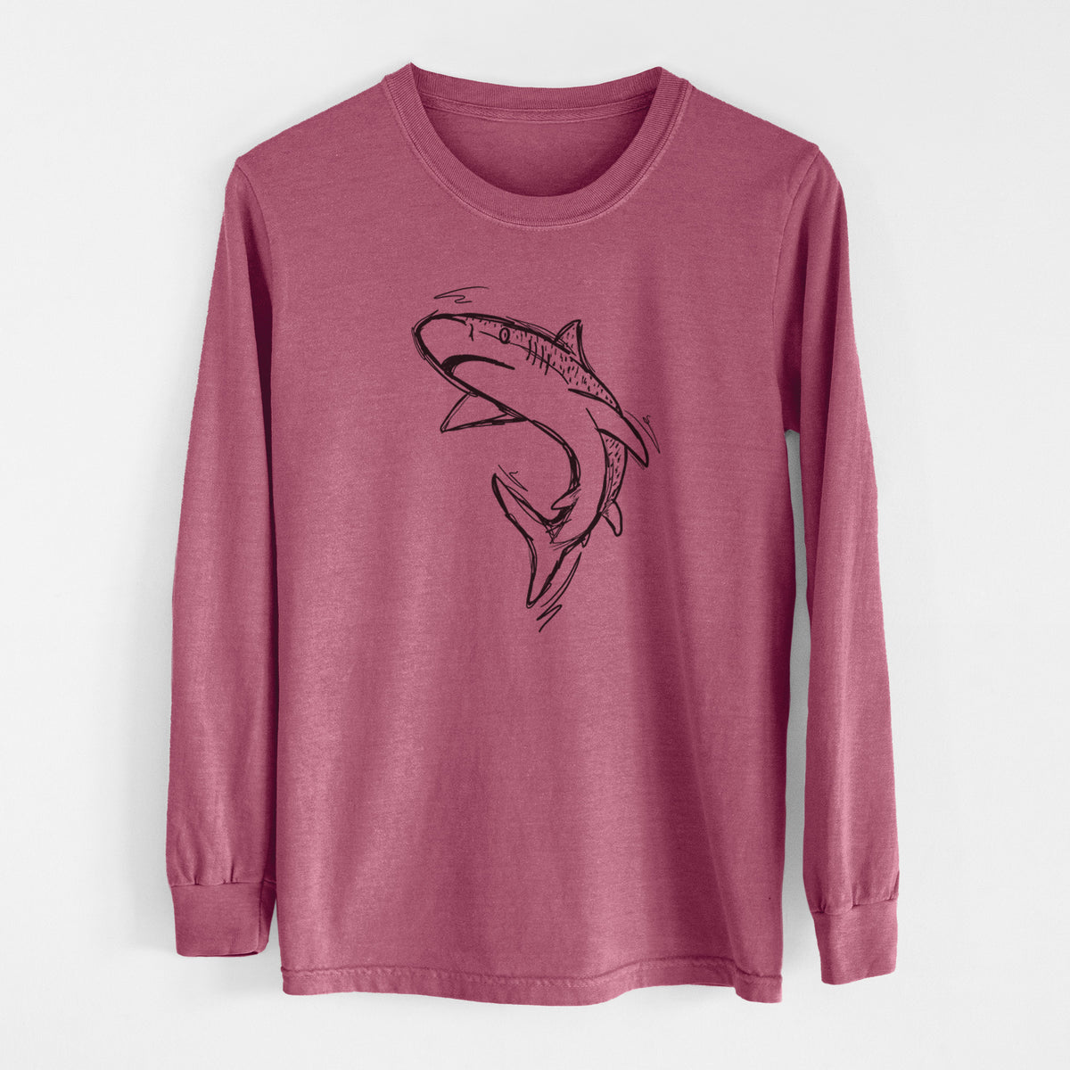 Crimson Comfort Colors long sleeve shirt laid flat, printed with a black ink illustration of a tiger shark swimming in a curve.