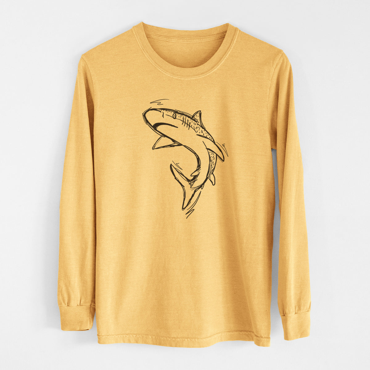 Golden wheat yellow Comfort Colors long sleeve shirt laid flat, printed with a black ink illustration of a tiger shark swimming in a curve.