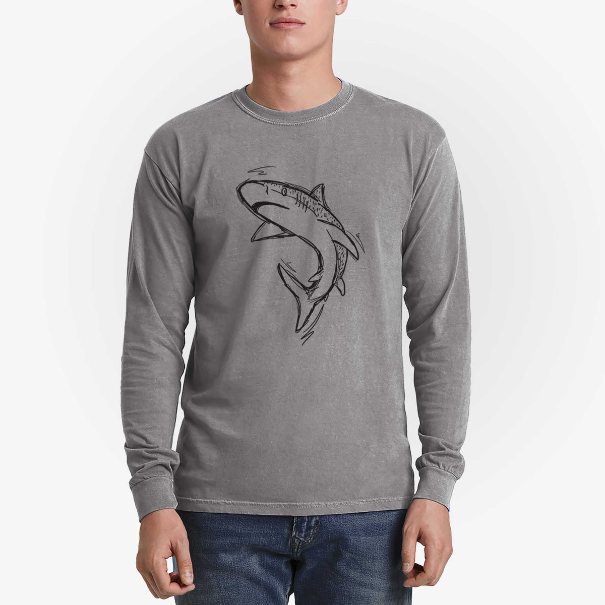 Man wearing a grey Comfort Colors long sleeve shirt printed with a black ink illustration of a tiger shark swimming in a curve.