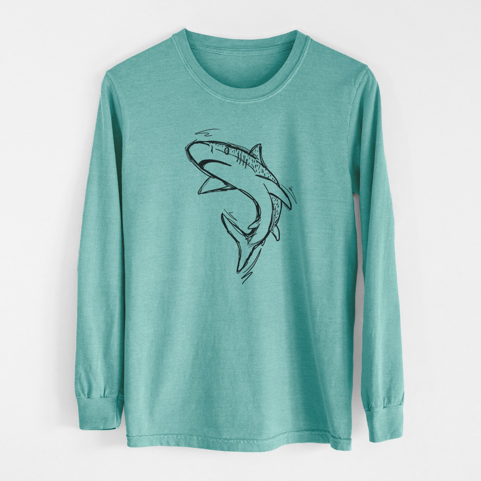 Reef green Comfort Colors long sleeve shirt laid flat, printed with a black ink illustration of a tiger shark swimming in a curve.