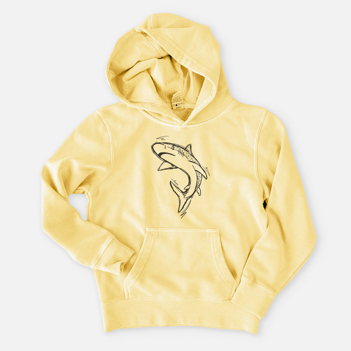 Pigment yellow youth pigment dyed hoodie laid flat, printed with a black ink illustration of a tiger shark swimming in a curve.