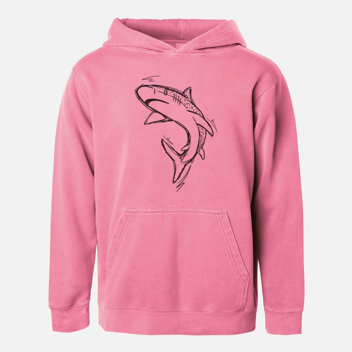 Pigment pink youth pigment dyed hoodie laid flat, printed with a black ink illustration of a tiger shark swimming in a curve.