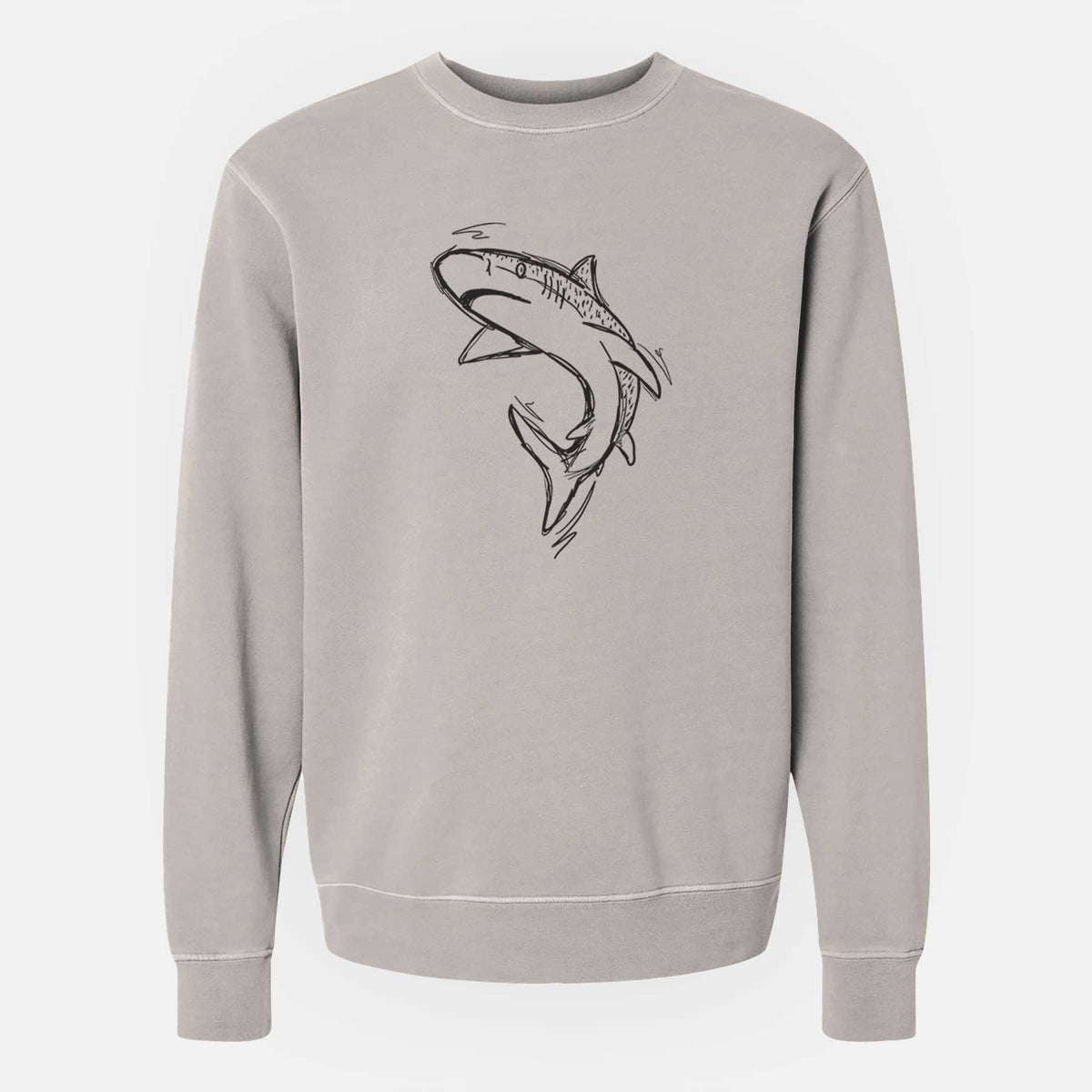 Cement grey pigment dyed crewneck sweatshirt laid flat, printed with a black ink illustration of a tiger shark swimming in a curve.