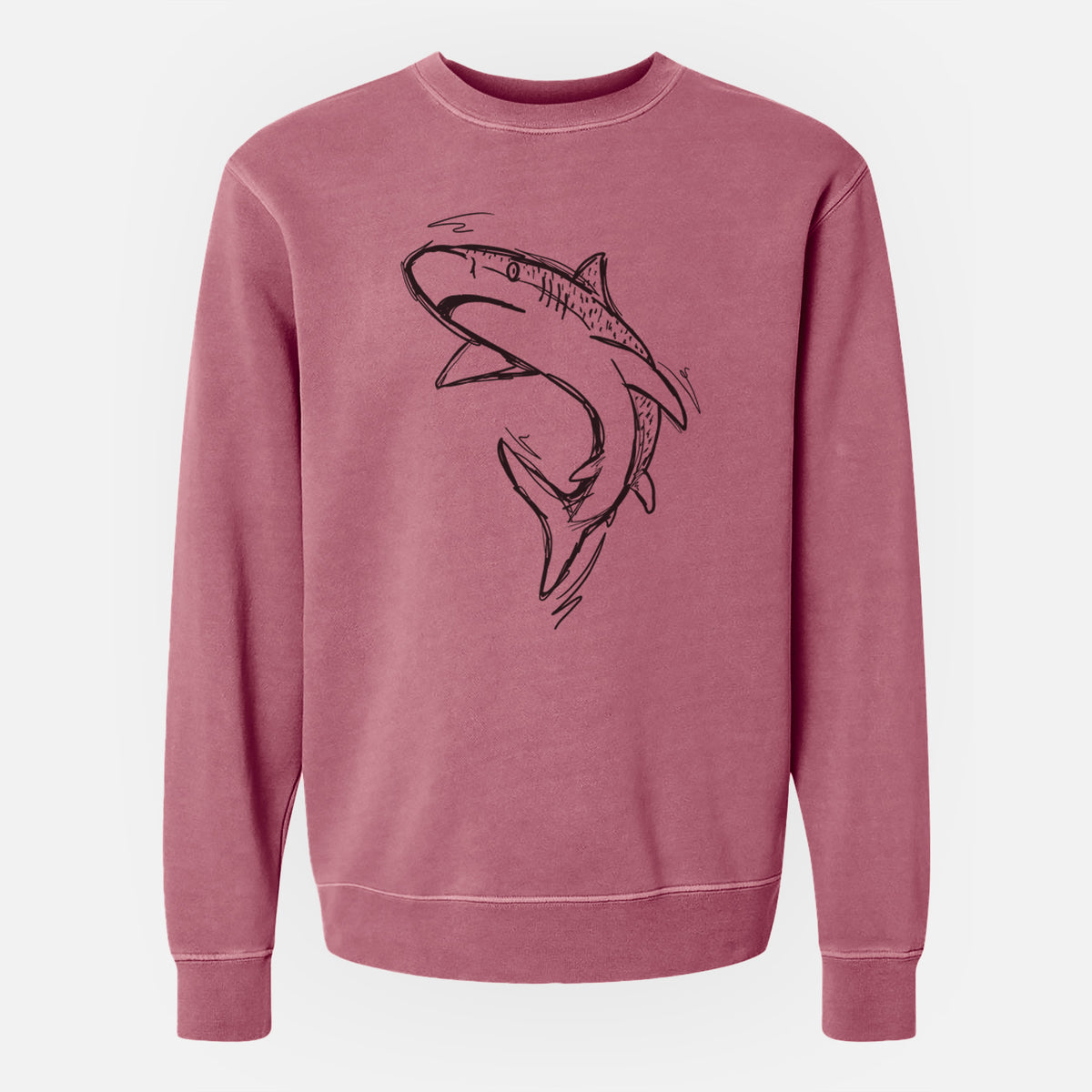 Maroon pigment dyed crewneck sweatshirt laid flat, printed with a black ink illustration of a tiger shark swimming in a curve.