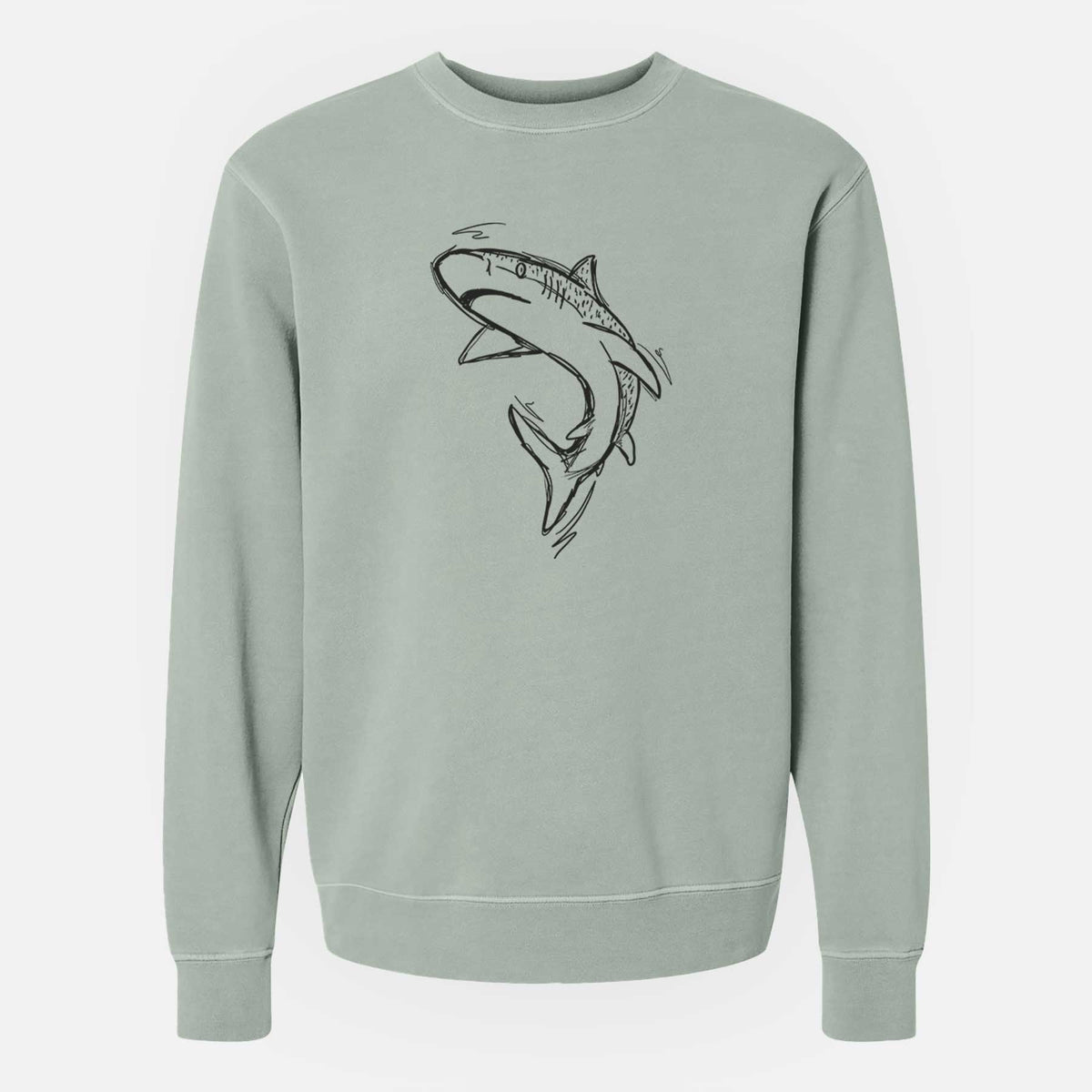 Sage green pigment dyed crewneck sweatshirt laid flat, printed with a black ink illustration of a tiger shark swimming in a curve.