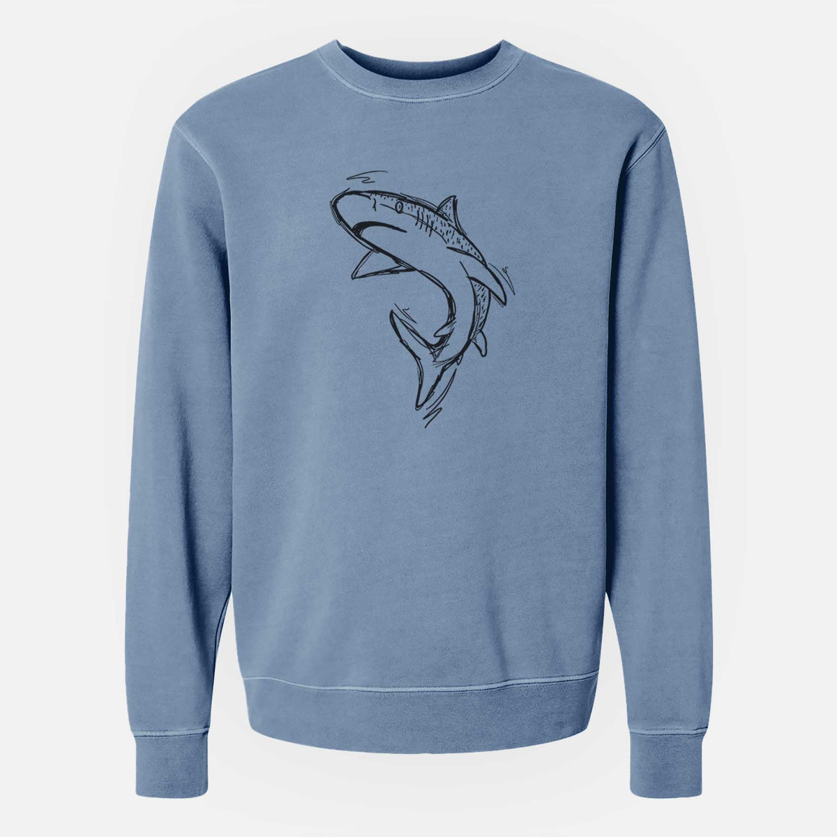 Slate blue pigment dyed crewneck sweatshirt laid flat, printed with a black ink illustration of a tiger shark swimming in a curve.