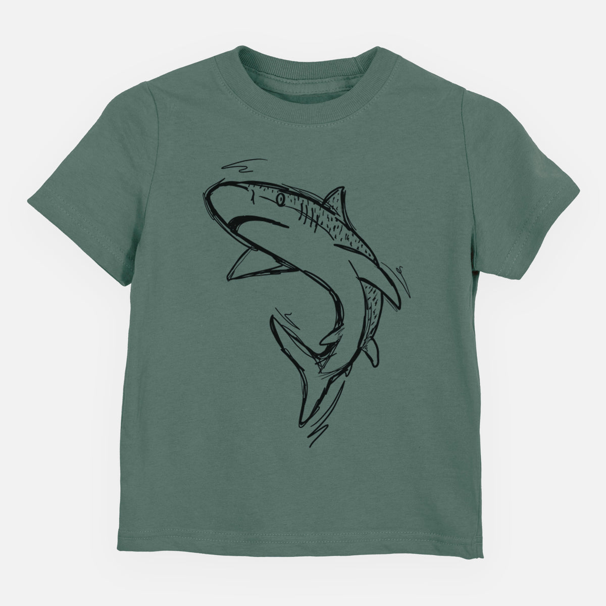 Basil green toddler t-shirt laid flat, printed with a black ink illustration of a tiger shark swimming in a curve.